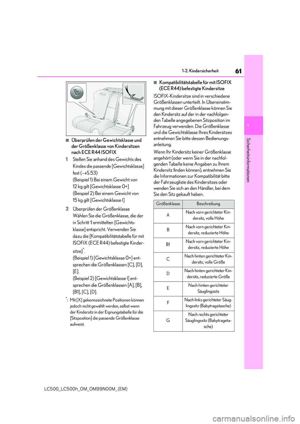lexus LC500h 2018  Betriebsanleitung (in German) 61
1
�-�$����@�-�$����I�@�0�.�@�0�.���/���.�@�	�&�.�

1-2. Kindersicherheit
Sicherheitsinformationen■Überprüfen der Gewichtsklasse und  
der Größenklasse von Kindersitzen 
nach ECE R44