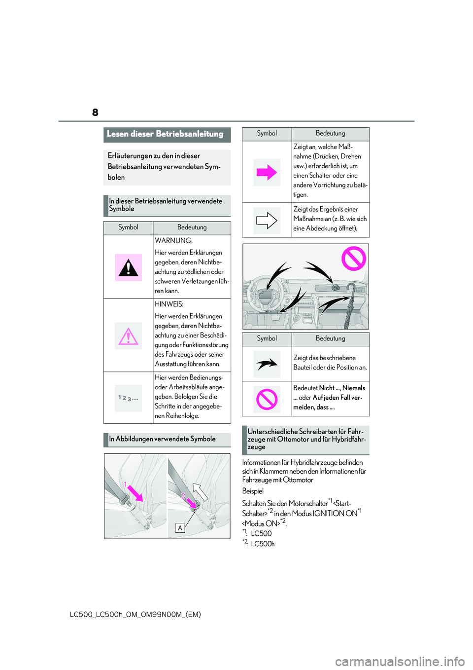 lexus LC500h 2018  Betriebsanleitung (in German) 8
�-�$����@�-�$����I�@�0�.�@�0�.���/���.�@�	�&�.�

Informationen für Hybridfahrzeuge befinden  
sich in Klammern neben den Informationen für  
Fahrzeuge mit Ottomotor 
Beispiel 
Schalten S