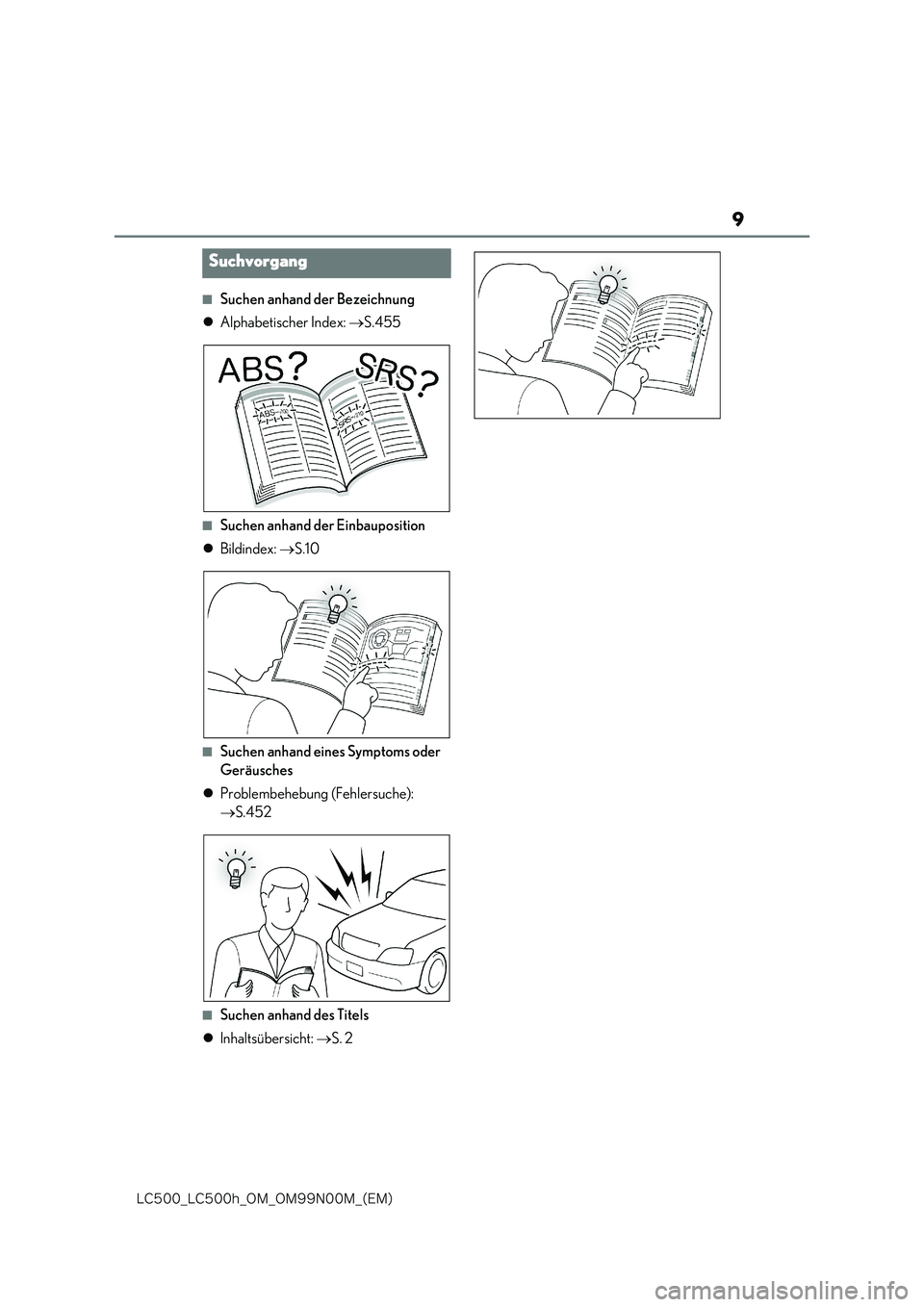 lexus LC500h 2018  Betriebsanleitung (in German) 9
�-�$����@�-�$����I�@�0�.�@�0�.���/���.�@�	�&�.�

■Suchen anhand der Bezeichnung 
 Alphabetischer Index: S.455
■Suchen anhand der Einbauposition 
 Bildindex: S.10
■Suchen 