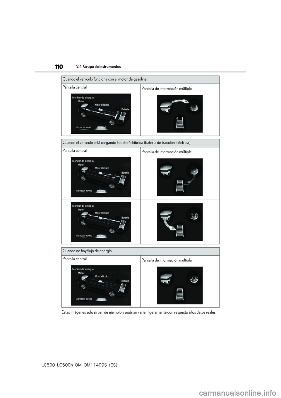 lexus LC500h 2018  Manual del propietario (in Spanish) 110
�-�$����@�-�$����I�@�0�.�@�0�.������4�@�	�&�4�

2-1. Grupo de instrumentos 
Estas imágenes solo sirven de ejemplo y podrían va riar ligeramente con respecto a los datos reales.
Cuando