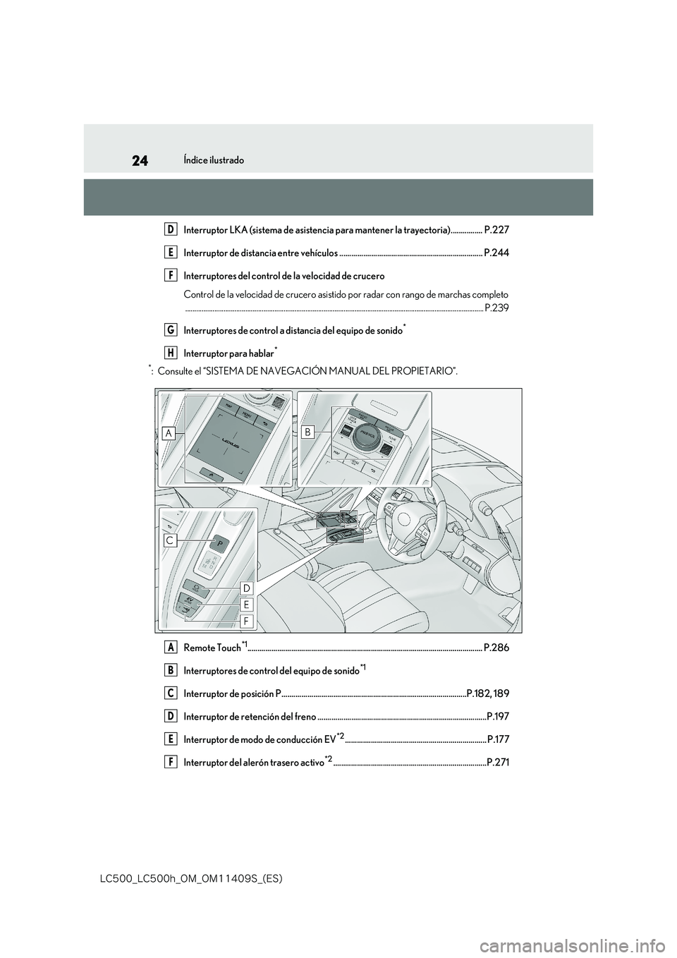 lexus LC500h 2018  Manual del propietario (in Spanish) 24
�-�$����@�-�$����I�@�0�.�@�0�.������4�@�	�&�4�

Índice ilustrado 
Interruptor LKA (sistema de asistencia para mantener la trayectoria)................ P.227 
Interruptor de distancia en
