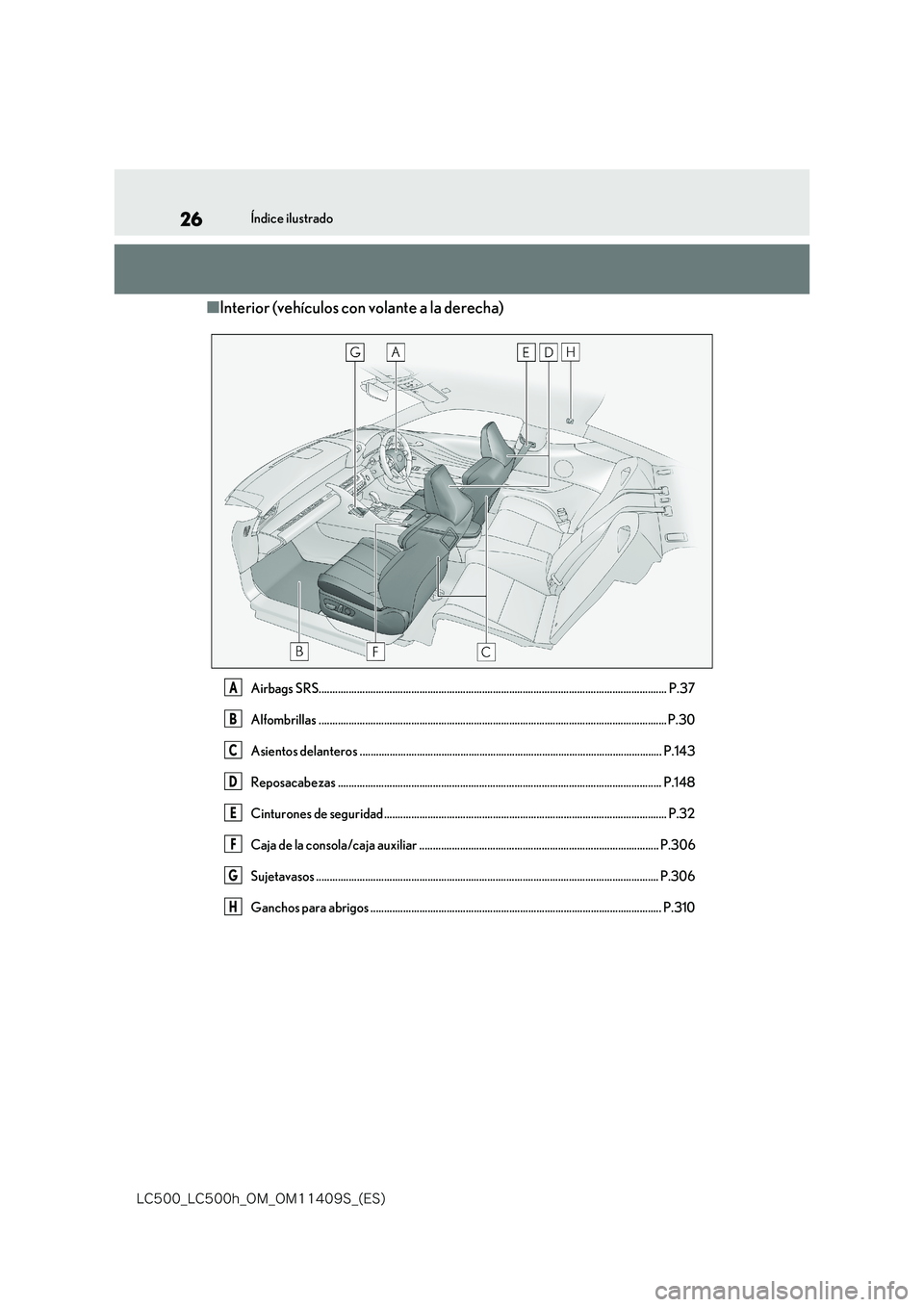 lexus LC500h 2018  Manual del propietario (in Spanish) 26
�-�$����@�-�$����I�@�0�.�@�0�.������4�@�	�&�4�

Índice ilustrado
■Interior (vehículos con volante a la derecha)
Airbags SRS...........................................................