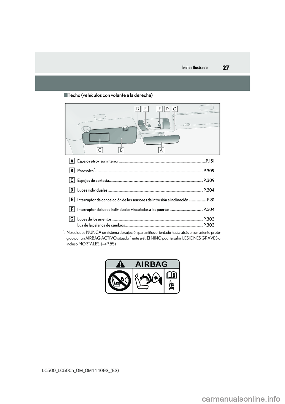 lexus LC500h 2018  Manual del propietario (in Spanish) 27
�-�$����@�-�$����I�@�0�.�@�0�.������4�@�	�&�4�

Índice ilustrado
■Techo (vehículos con volante a la derecha)
Espejo retrovisor interior ..............................................