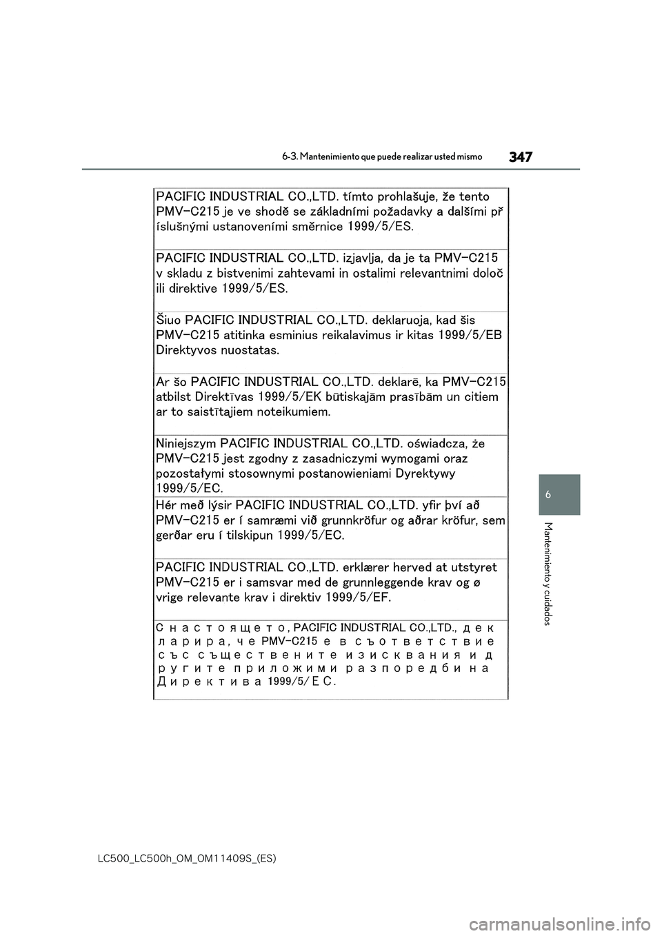 lexus LC500h 2018  Manual del propietario (in Spanish) 347
6
�-�$����@�-�$����I�@�0�.�@�0�.������4�@�	�&�4�

6-3. Mantenimiento que puede realizar usted mismo
Mantenimiento y cuidados 