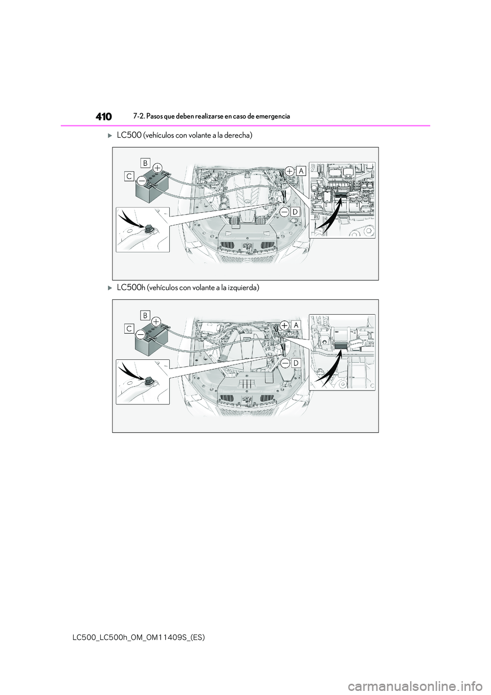 lexus LC500h 2018  Manual del propietario (in Spanish) 410
�-�$����@�-�$����I�@�0�.�@�0�.������4�@�	�&�4�

7-2. Pasos que deben realizarse en caso de emergencia
LC500 (vehículos con volante a la derecha)
LC500h (vehículos con volante a 