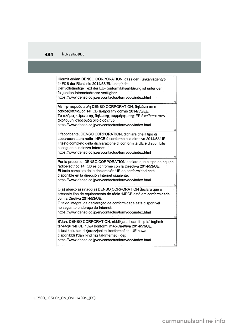 lexus LC500h 2018  Manual del propietario (in Spanish) 484
�-�$����@�-�$����I�@�0�.�@�0�.������4�@�	�&�4�

Índice alfabético 