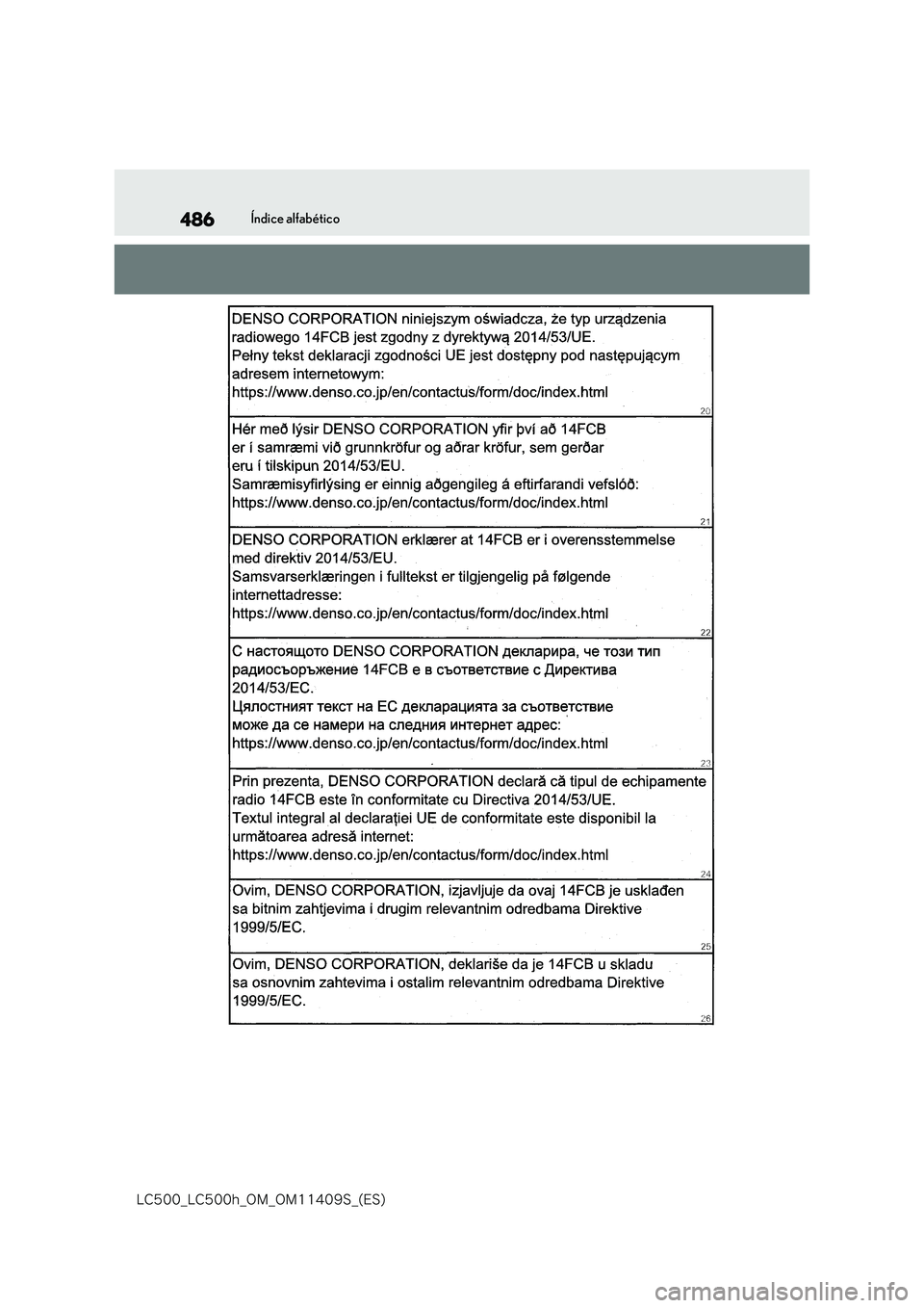 lexus LC500h 2018  Manual del propietario (in Spanish) 486
�-�$����@�-�$����I�@�0�.�@�0�.������4�@�	�&�4�

Índice alfabético 