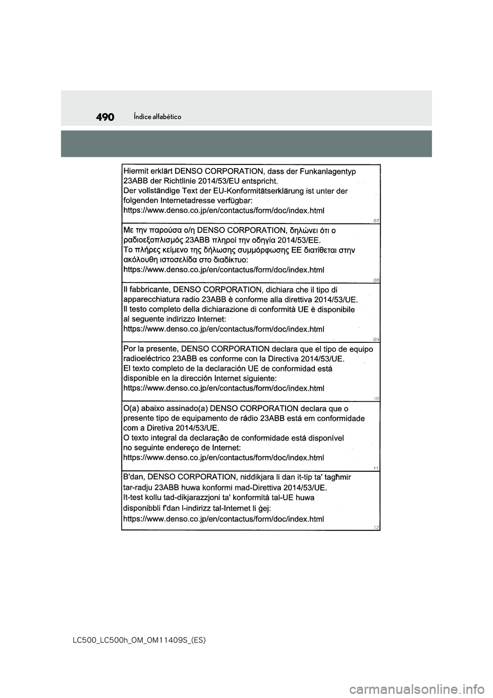 lexus LC500h 2018  Manual del propietario (in Spanish) 490
�-�$����@�-�$����I�@�0�.�@�0�.������4�@�	�&�4�

Índice alfabético 