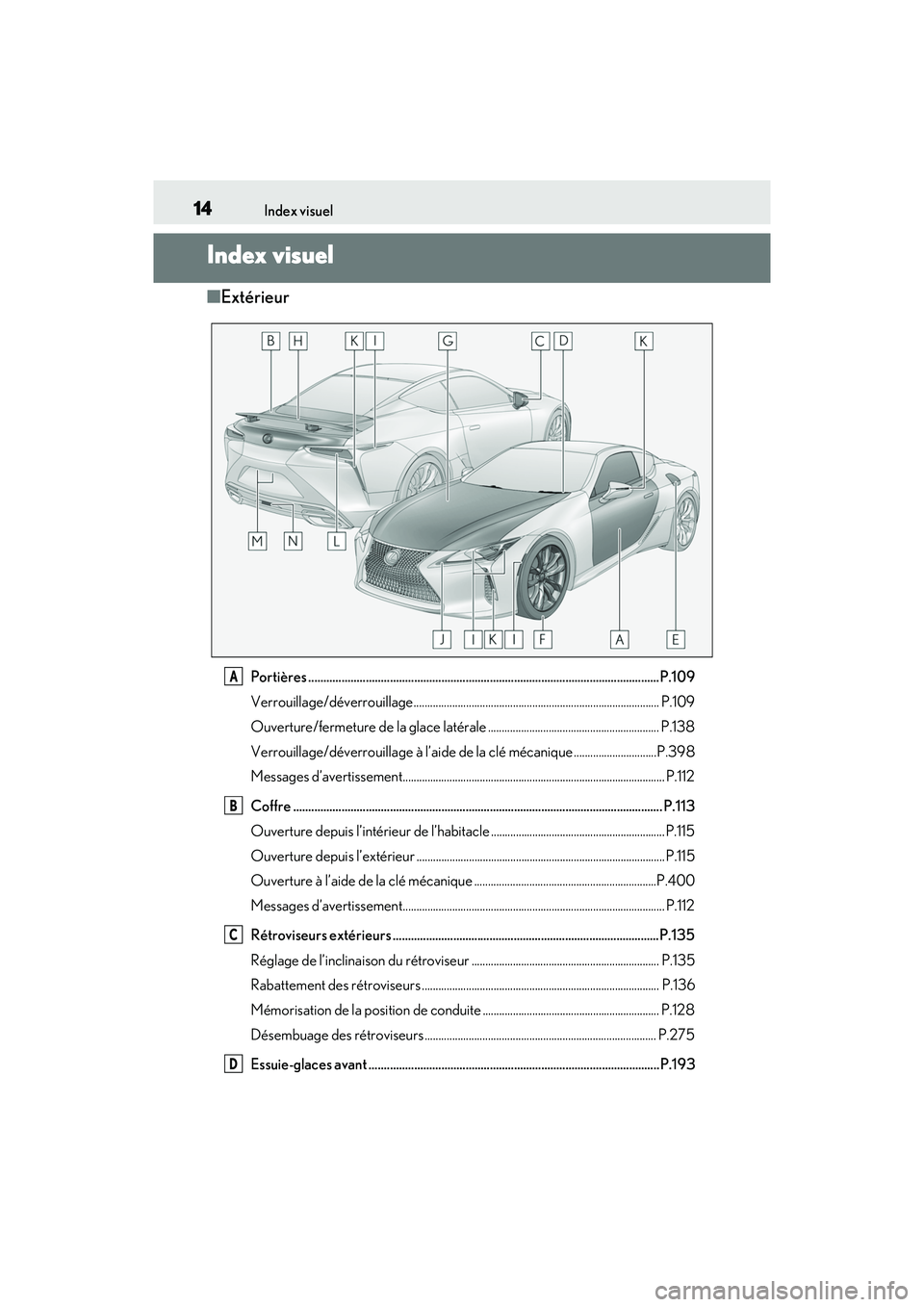 lexus LC500h 2018  Manuel du propriétaire (in French) / Manuel du propriétaire - LC 500, LC 500h 14Index visuel
Index visuel
■Extérieur
Portières ....................................................................................................................P. 109
Verrouillage/déverrouil