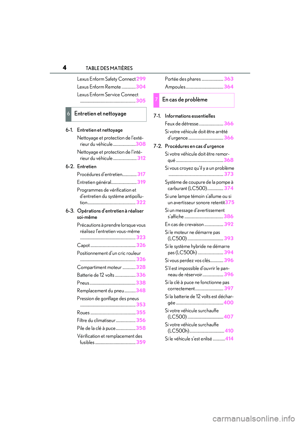 lexus LC500h 2018  Manuel du propriétaire (in French) / Manuel du propriétaire - LC 500, LC 500h 4TABLE DES MATIÈRES
LC500_LC500h_OM_OM11405D_(D)
Lexus Enform Safety Connect299
Lexus Enform Remote ............... 304
Lexus Enform Service Connect ..................................................