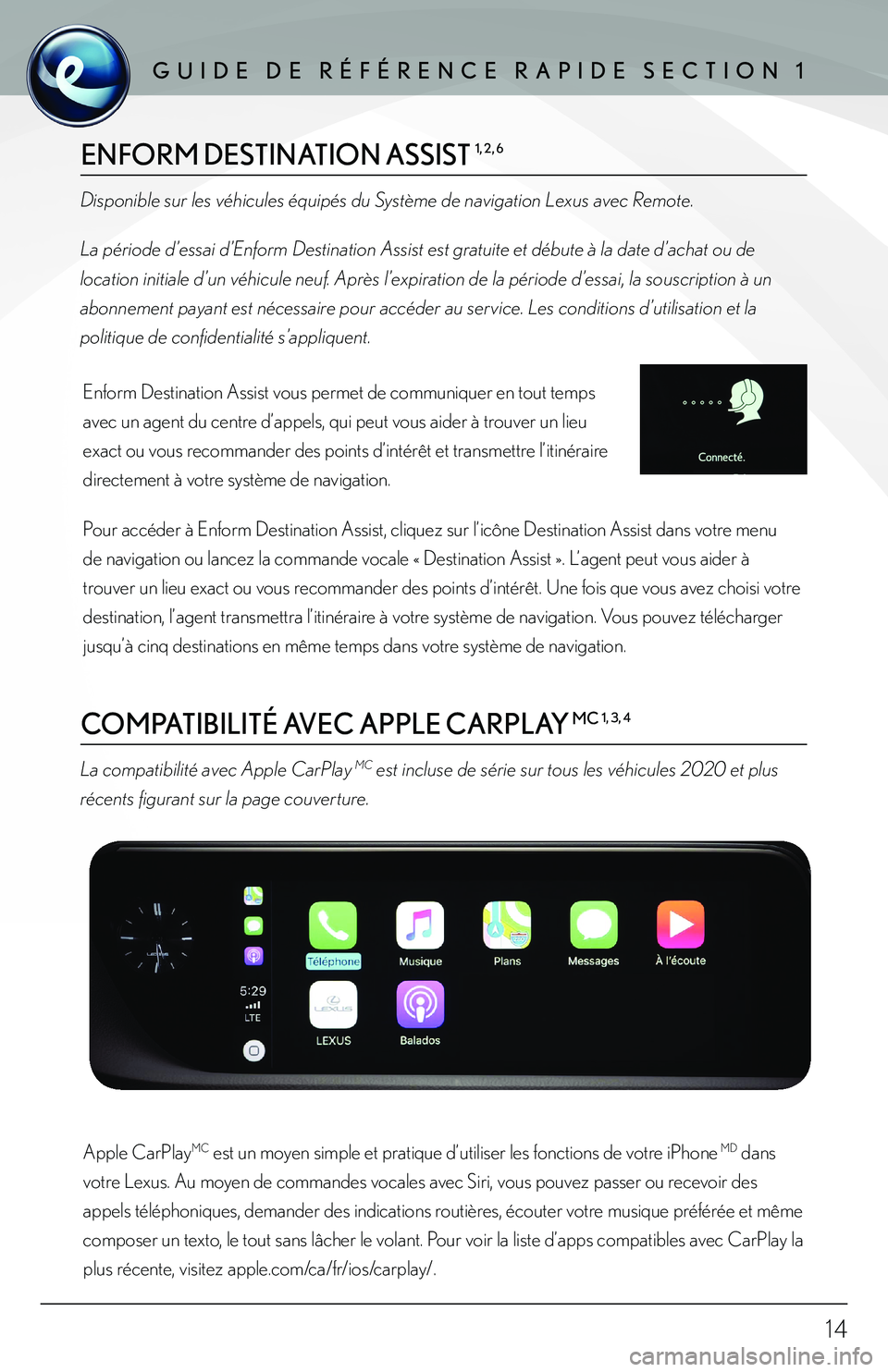 lexus LC500h 2018 Manuel du propriétaire (in French) / Guide de référence rapide Enform - LC 500, LC 500h 14
ENFORM DESTINATION ASSIST 1, 2, 6
COMPATIBILITÉ AVEC APPLE CARPLAY MC 1, 3, 4
Disponible sur les véhicules équipés du Système de navigation Lexus avec Remote.
La période d’essai d’Enfor lexus LC500h 2018 Manuel du propriétaire (in French) / Guide de référence rapide Enform - LC 500, LC 500h 14
ENFORM DESTINATION ASSIST 1, 2, 6
COMPATIBILITÉ AVEC APPLE CARPLAY MC 1, 3, 4
Disponible sur les véhicules équipés du Système de navigation Lexus avec Remote.
La période d’essai d’Enfor