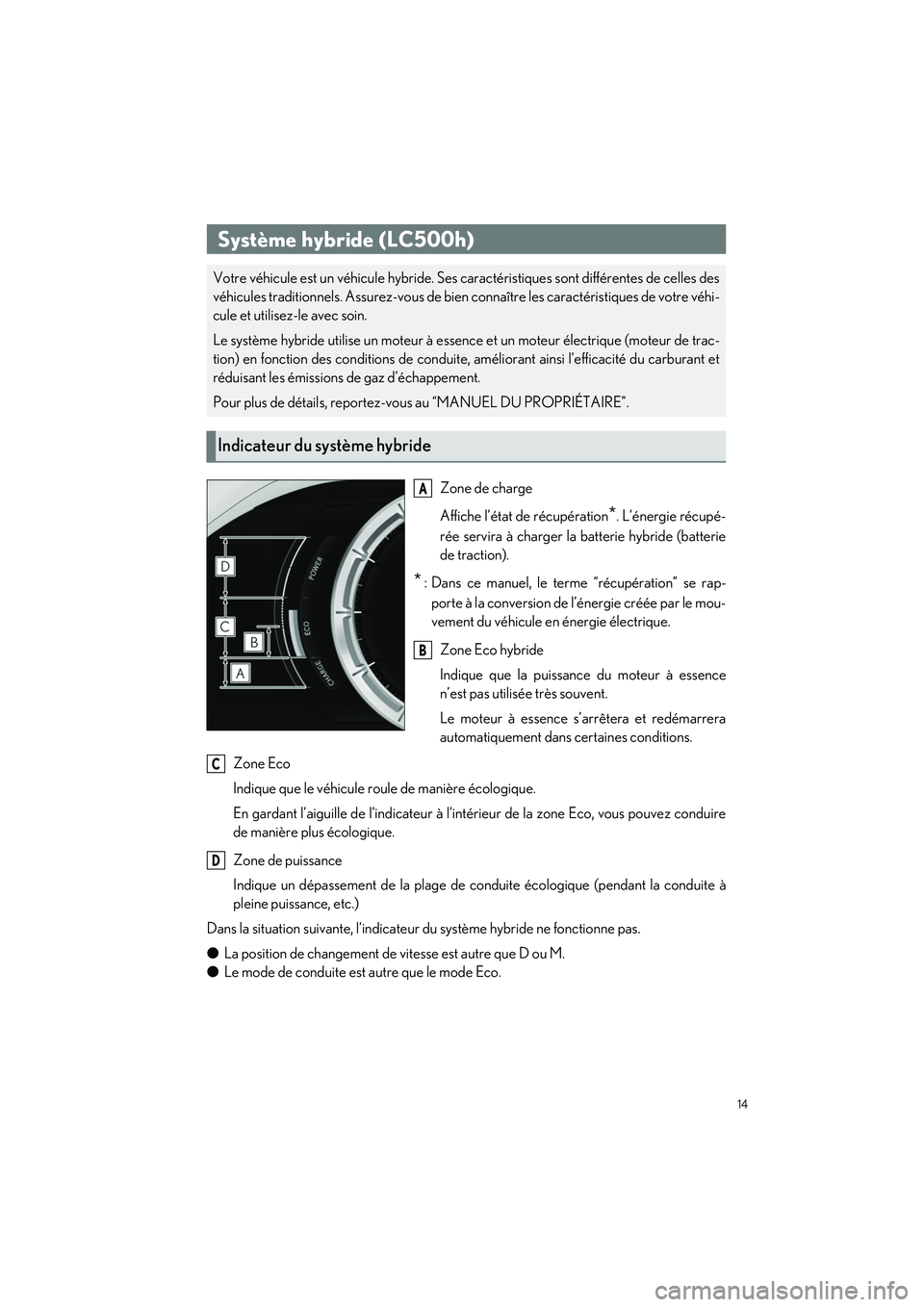 lexus LC500h 2018 Manuel du propriétaire (in French) / Guide rapide du manuel du propriétaire - LC 500, LC 500h 14
LC500_LC500h_QG_OM11444D_(D)
Zone Eco
Indique que le véhicule roule de manière écologique.
En gardant l’aiguille de l’indicateur à l’intérieur de la zone Eco, vous pouvez conduire
de man lexus LC500h 2018 Manuel du propriétaire (in French) / Guide rapide du manuel du propriétaire - LC 500, LC 500h 14
LC500_LC500h_QG_OM11444D_(D)
Zone Eco
Indique que le véhicule roule de manière écologique.
En gardant l’aiguille de l’indicateur à l’intérieur de la zone Eco, vous pouvez conduire
de man