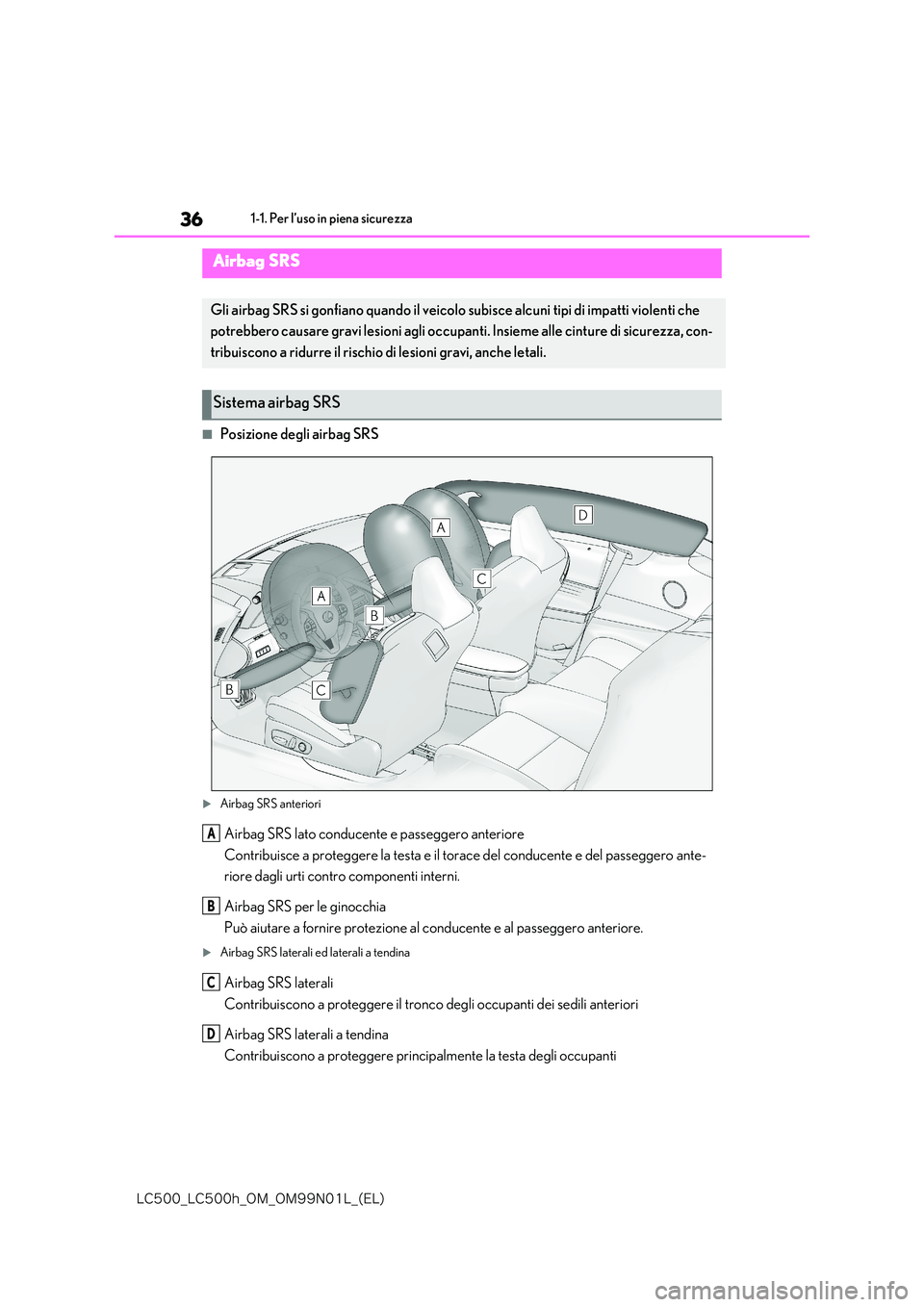 lexus LC500h 2018  Manuale del proprietario (in Italian) 36
�-�$����@�-�$����I�@�0�.�@�0�.���/���-�@�	�&�-�

1-1. Per l’uso in piena sicurezza
■Posizione degli airbag SRS
Airbag SRS anteriori
Airbag SRS lato conducente e passeggero anterior