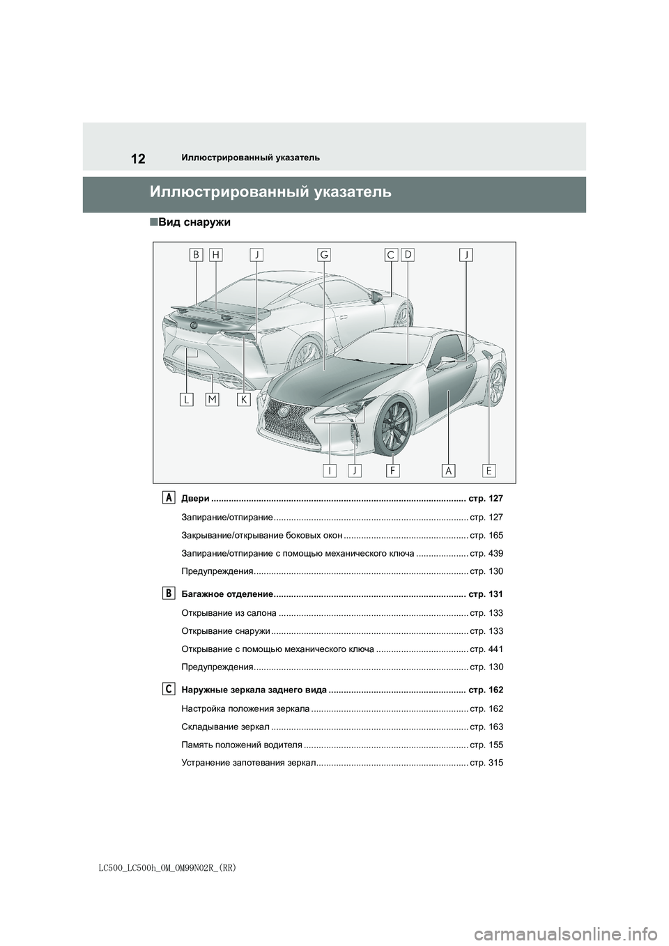 lexus LC500h 2018  Инструкция по эксплуатации (in Russian) 12
LC500_LC500h_OM_OM99N02R_(RR)
Иллюстрированный указатель
Иллюстрированный указатель
■Вид снаружи
Двери............................
