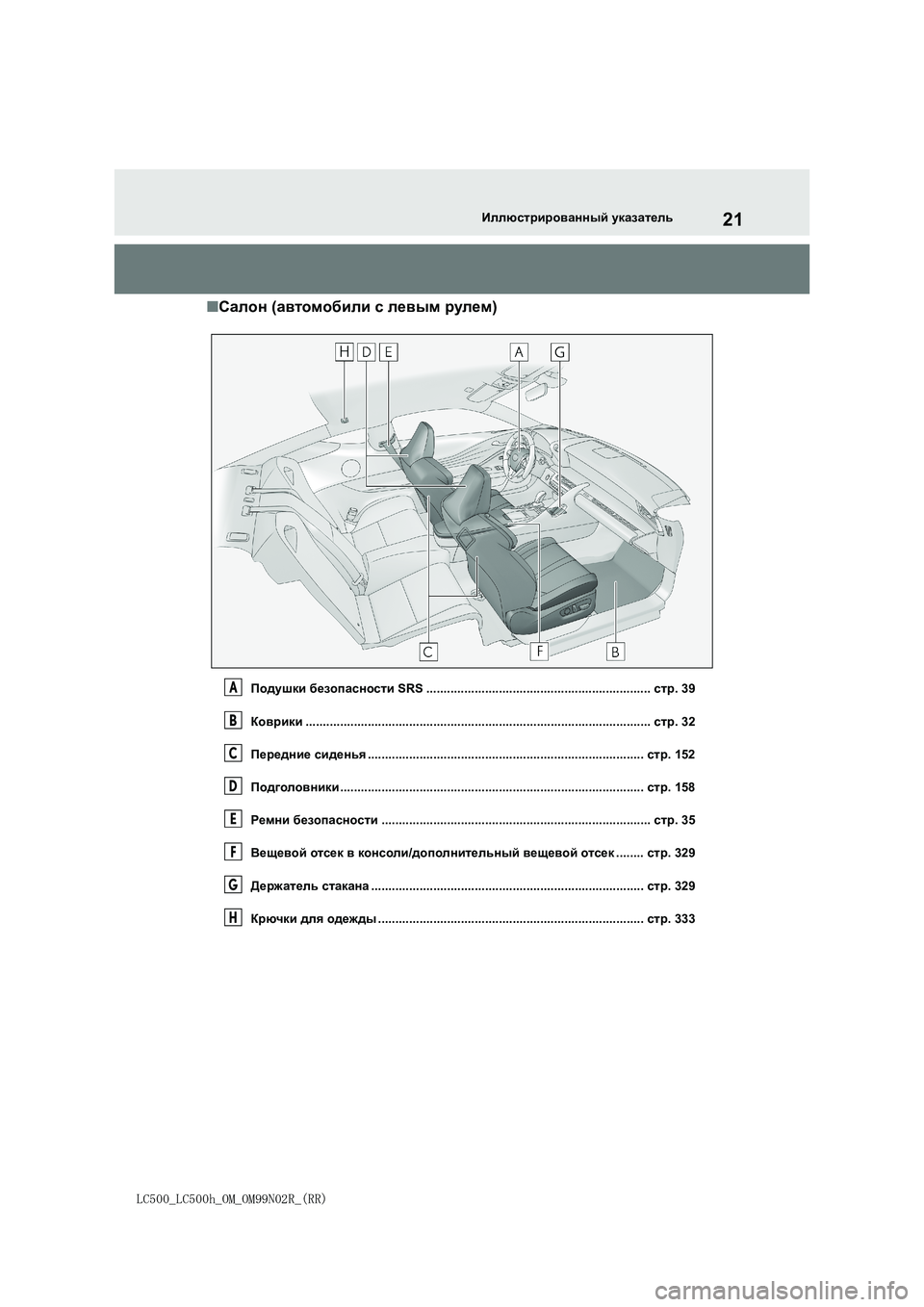 lexus LC500h 2018  Инструкция по эксплуатации (in Russian) 21
LC500_LC500h_OM_OM99N02R_(RR)
Иллюстрированный указатель
■Салон (автомобили с левым рулем)
Подушки безопасности SRS .........