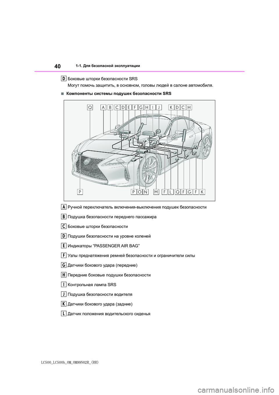 lexus LC500h 2018  Инструкция по эксплуатации (in Russian) 40
LC500_LC500h_OM_OM99N02R_(RR)
1-1. Для безопасной эксплуатации
Боковые шторки безопасности SRS 
Могут  помочь защитить, в ос�