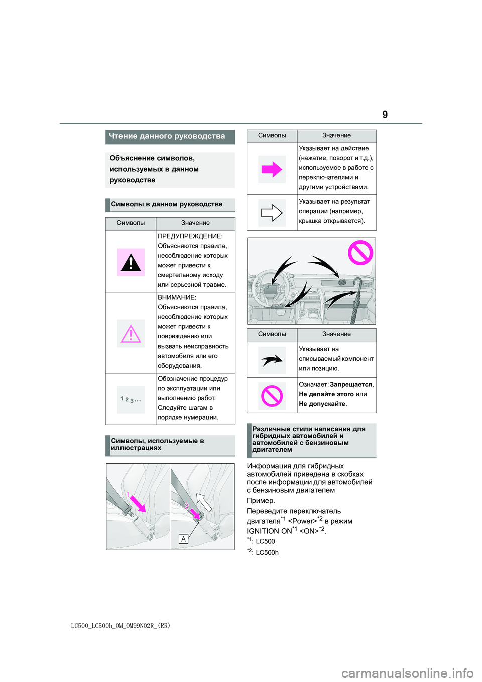 lexus LC500h 2018  Инструкция по эксплуатации (in Russian) 9
LC500_LC500h_OM_OM99N02R_(RR)
Информация для гибридных 
автомобилей приведена в скобках 
после информации для автомобиле