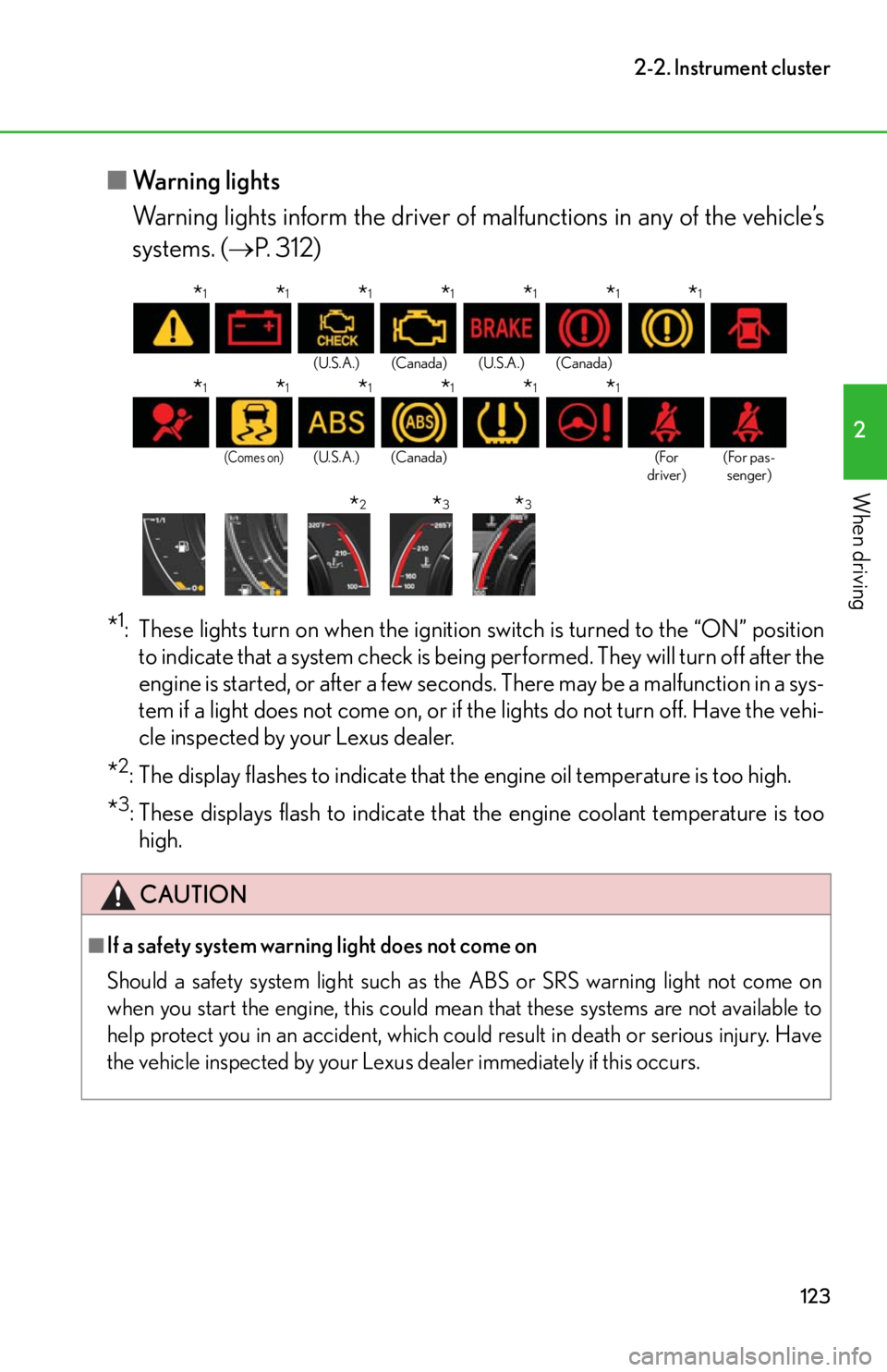 lexus LFA 2012  Owners Manual / LEXUS 2012 LFA OWNERS MANUAL (OM77006U) 123
2-2. Instrument cluster
2
When driving
■Warning lights
Warning lights inform the driver of ma lfunctions in any of the vehicle’s
systems. ( P. 312)
*1: These lights turn on when the ignitio