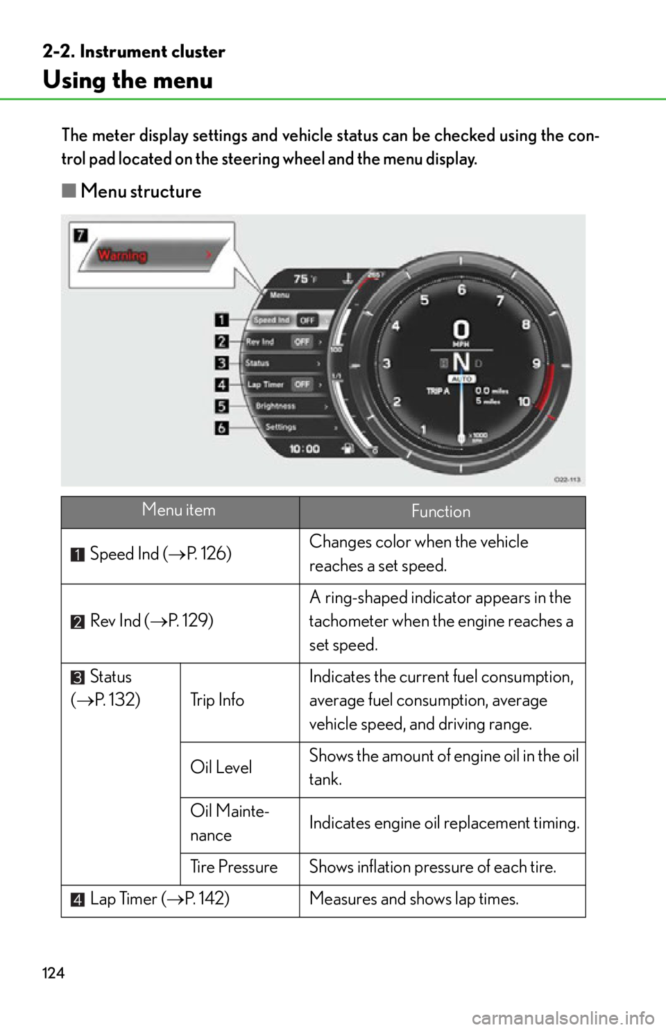lexus LFA 2012 Owners Manual / LEXUS 2012 LFA OWNERS MANUAL (OM77006U) 124
2-2. Instrument cluster
Using the menu
The meter display settings and vehicle status can be checked using the con-
trol pad located on the steer ing wheel and the menu display.
■Menu structure
M lexus LFA 2012 Owners Manual / LEXUS 2012 LFA OWNERS MANUAL (OM77006U) 124
2-2. Instrument cluster
Using the menu
The meter display settings and vehicle status can be checked using the con-
trol pad located on the steer ing wheel and the menu display.
■Menu structure
M