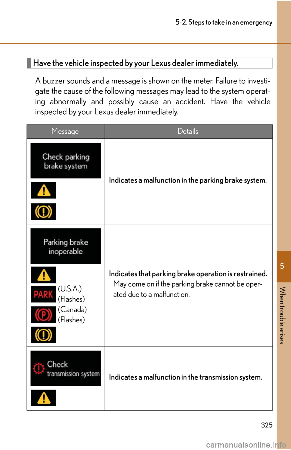 lexus LFA 2012  Owners Manual / LEXUS 2012 LFA OWNERS MANUAL (OM77006U) 5
When trouble arises
325
5-2. Steps to take in an emergency
Have the vehicle inspected by your Lexus dealer immediately.A buzzer sounds and a message is show n on the meter. Failure to investi-
gate 