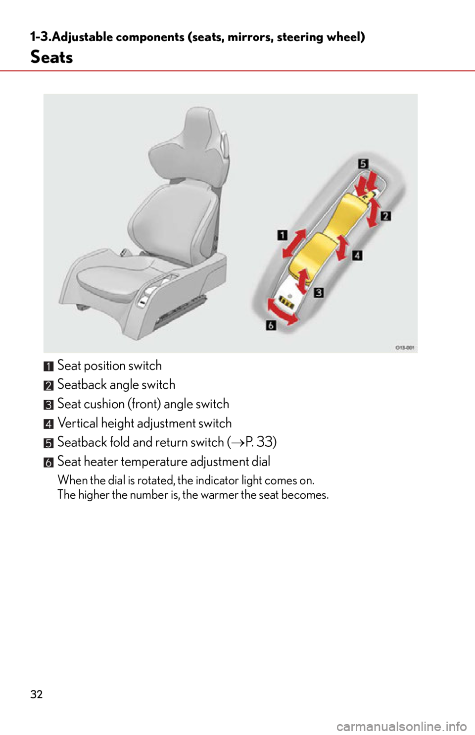 lexus LFA 2012 Owners Manual / LEXUS 2012 LFA (OM77006U) Owners Guide 32
1-3.Adjustable components (seats, mirrors, steering wheel)
Seats
Seat position switch
Seatback angle switch
Seat cushion (front) angle switch
Vertical height adjustment switch
Seatback fold and ret lexus LFA 2012 Owners Manual / LEXUS 2012 LFA (OM77006U) Owners Guide 32
1-3.Adjustable components (seats, mirrors, steering wheel)
Seats
Seat position switch
Seatback angle switch
Seat cushion (front) angle switch
Vertical height adjustment switch
Seatback fold and ret