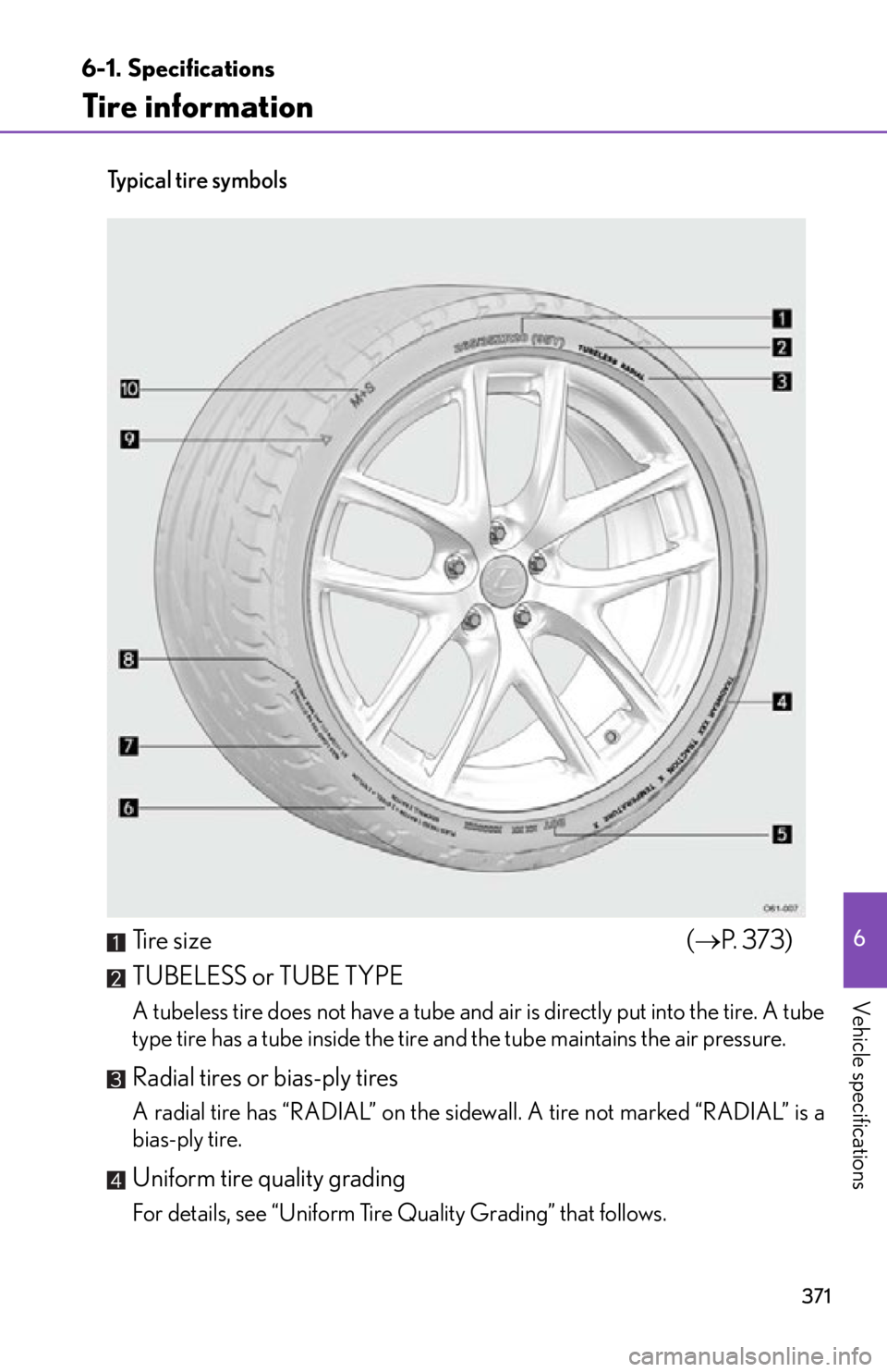 lexus LFA 2012 Owners Manual / LEXUS 2012 LFA OWNERS MANUAL (OM77006U) 371
6-1. Specifications
6
Vehicle specifications
Tire information
Ty p i c a l t i r e s y m b o l s
Ti r e s i z e( P. 3 7 3 )
TUBELESS or TUBE TYPE
A tubeless tire does not have a tube and a lexus LFA 2012 Owners Manual / LEXUS 2012 LFA OWNERS MANUAL (OM77006U) 371
6-1. Specifications
6
Vehicle specifications
Tire information
Ty p i c a l t i r e s y m b o l s
Ti r e s i z e( P. 3 7 3 )
TUBELESS or TUBE TYPE
A tubeless tire does not have a tube and a