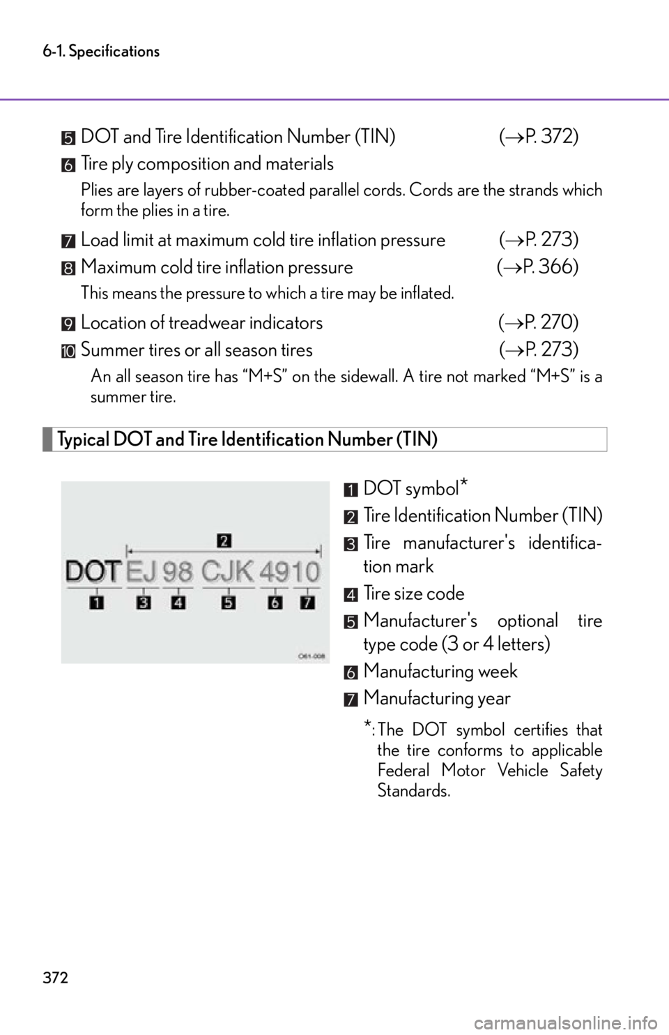 lexus LFA 2012 Owners Manual / LEXUS 2012 LFA OWNERS MANUAL (OM77006U) 372
6-1. Specifications
DOT and Tire Identification Number (TIN)(P. 3 7 2 )
Tire ply composition and materials
Plies are layers of rubber-coated parallel cords. Cords are the strands which
form th lexus LFA 2012 Owners Manual / LEXUS 2012 LFA OWNERS MANUAL (OM77006U) 372
6-1. Specifications
DOT and Tire Identification Number (TIN)(P. 3 7 2 )
Tire ply composition and materials
Plies are layers of rubber-coated parallel cords. Cords are the strands which
form th