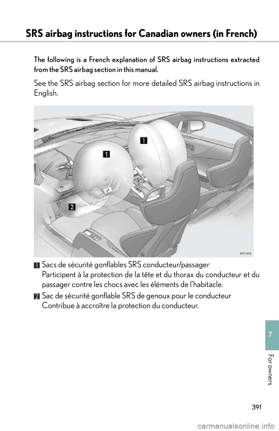 lexus LFA 2012 Owners Manual / LEXUS 2012 LFA OWNERS MANUAL (OM77006U) 391
7
For owners
SRS airbag instructions for Canadian owners (in French)
The following is a French explanation of SRS airbag instructions extracted
from the SRS airbag section in this manual.
See the lexus LFA 2012 Owners Manual / LEXUS 2012 LFA OWNERS MANUAL (OM77006U) 391
7
For owners
SRS airbag instructions for Canadian owners (in French)
The following is a French explanation of SRS airbag instructions extracted
from the SRS airbag section in this manual.
See the