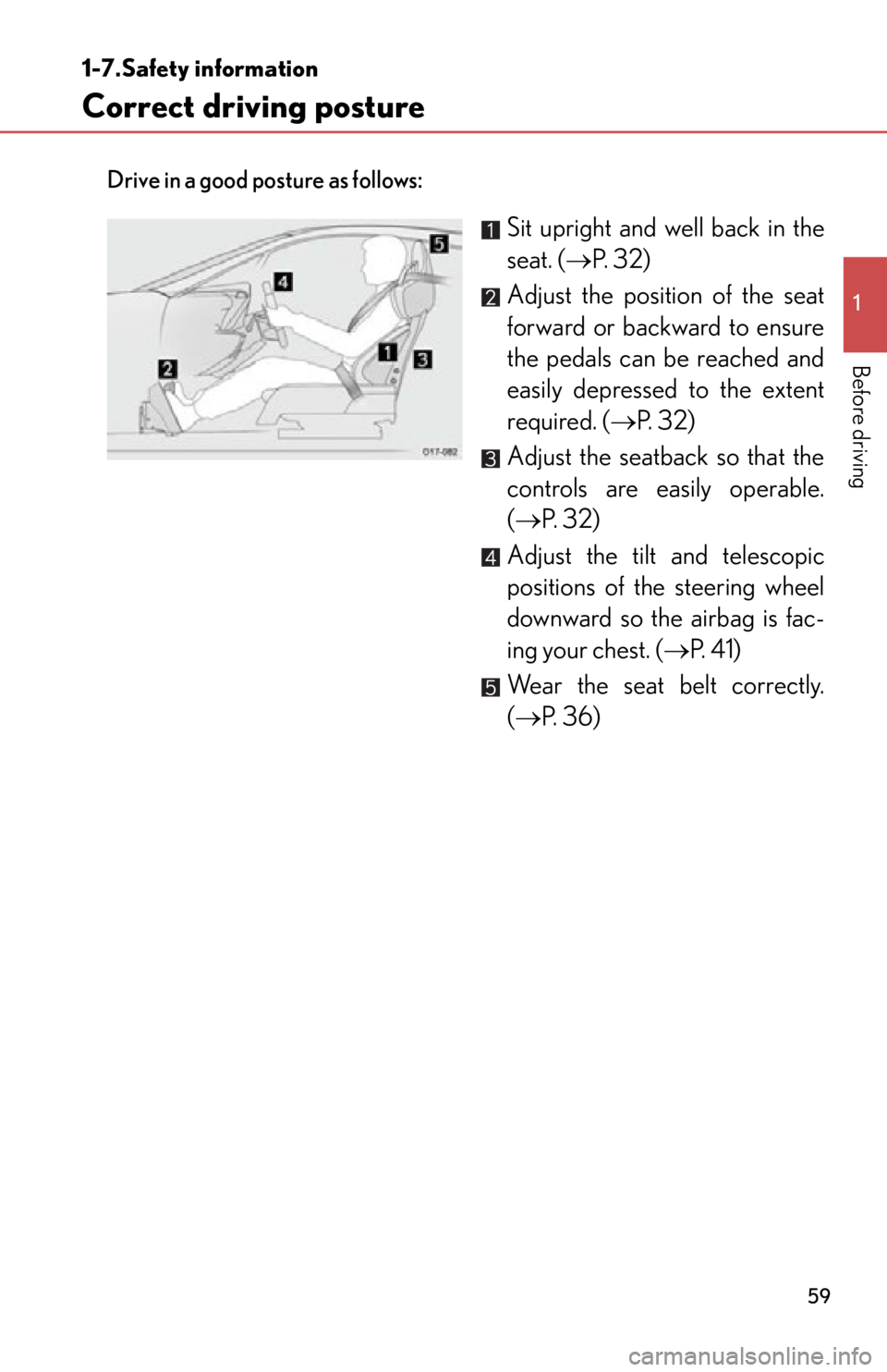 lexus LFA 2012 Owners Manual / LEXUS 2012 LFA (OM77006U) Repair Manual 59
1
Before driving
1-7.Safety information
Correct driving posture
Drive in a good posture as follows:
Sit upright and well back in the
seat. (P. 32)
Adjust the position of the seat
forward or back lexus LFA 2012 Owners Manual / LEXUS 2012 LFA (OM77006U) Repair Manual 59
1
Before driving
1-7.Safety information
Correct driving posture
Drive in a good posture as follows:
Sit upright and well back in the
seat. (P. 32)
Adjust the position of the seat
forward or back