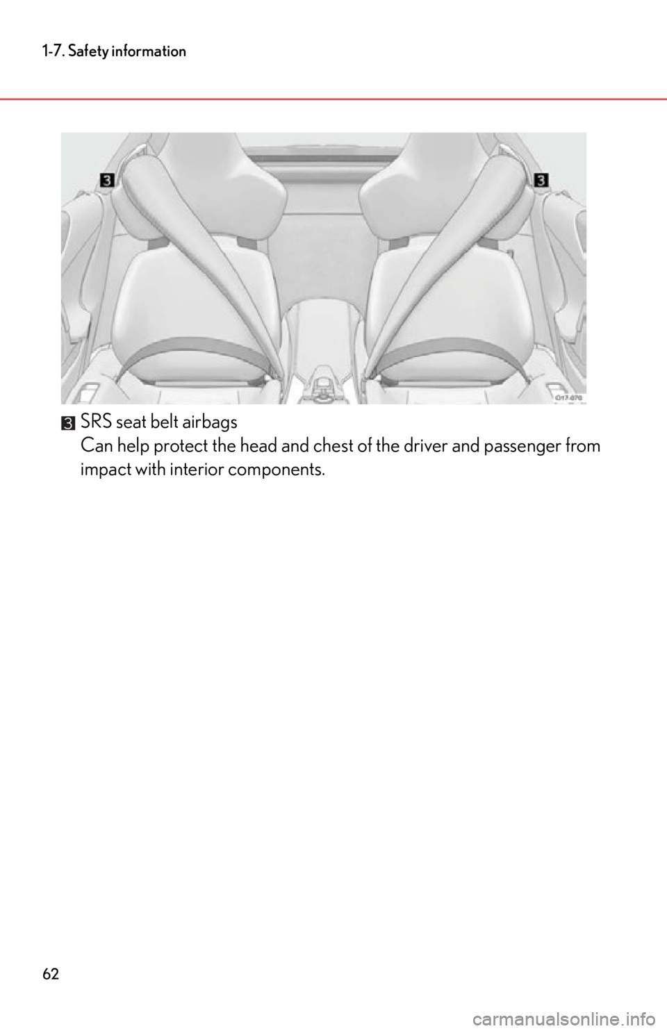 lexus LFA 2012 Owners Manual / LEXUS 2012 LFA (OM77006U) Repair Manual 62
1-7. Safety information
SRS seat belt airbags
Can help protect the head and chest of the driver and passenger from
impact with interior components. lexus LFA 2012 Owners Manual / LEXUS 2012 LFA (OM77006U) Repair Manual 62
1-7. Safety information
SRS seat belt airbags
Can help protect the head and chest of the driver and passenger from
impact with interior components.