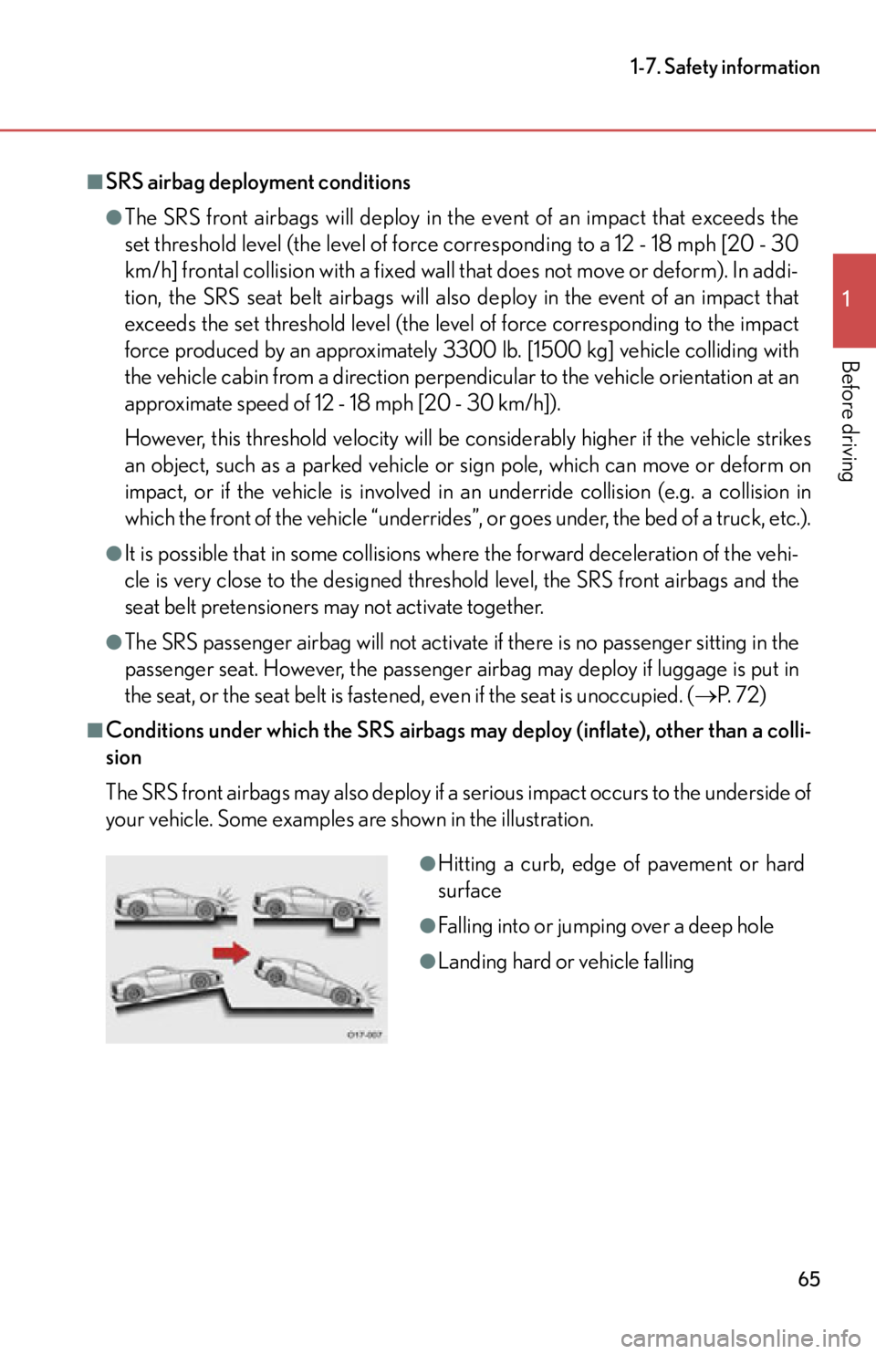 lexus LFA 2012 Owners Manual / LEXUS 2012 LFA (OM77006U) Repair Manual 65
1-7. Safety information
1
Before driving
■SRS airbag deployment conditions
●The SRS front airbags will deploy in the event of an impact that exceeds the
set threshold level (the level of force lexus LFA 2012 Owners Manual / LEXUS 2012 LFA (OM77006U) Repair Manual 65
1-7. Safety information
1
Before driving
■SRS airbag deployment conditions
●The SRS front airbags will deploy in the event of an impact that exceeds the
set threshold level (the level of force