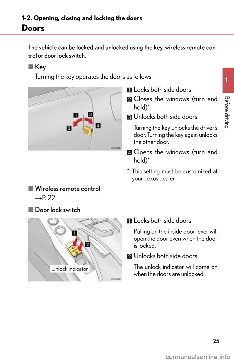lexus LFA 2012  Technical Information / LEXUS 2012 LFA  (OM77006U) Owners Manual 25
1
1-2. Opening, closing and locking the doors
Before driving
Doors
The vehicle can be locked and unlocked using the key, wireless remote con-
trol or door lock switch. 
■Key
Turning the key opera