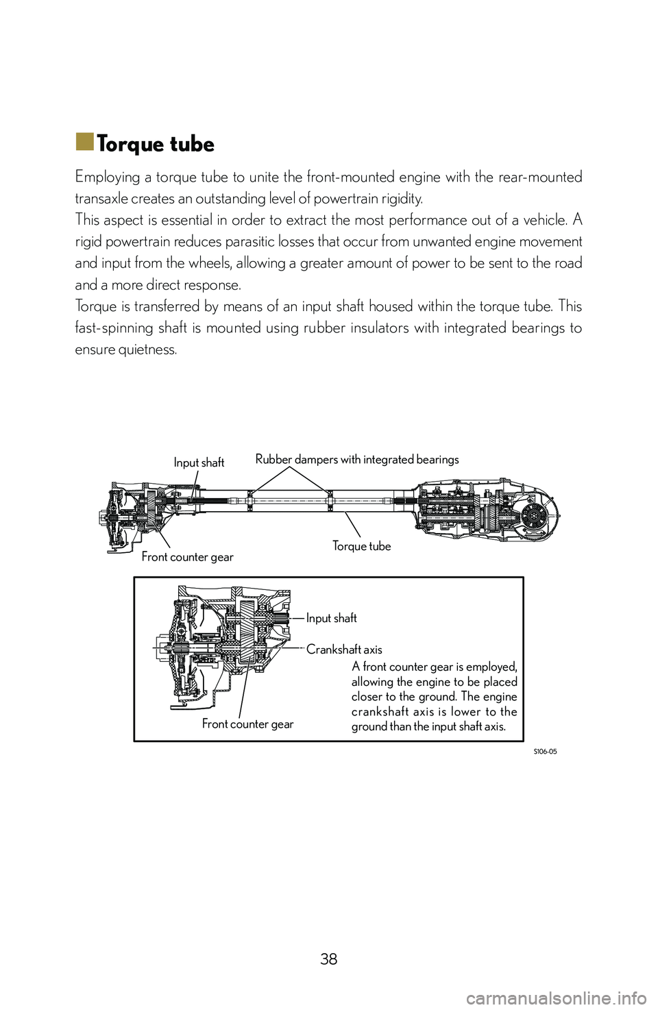 lexus LFA 2012 Technical Information / LEXUS 2012 LFA: INSIDE THE LFA 38
■
■Torque tube
Employing a torque tube to unite the front-mounted engine with the rear-mounted
transaxle creates an outstanding level of powertrain rigidity.
This aspect is ess lexus LFA 2012 Technical Information / LEXUS 2012 LFA: INSIDE THE LFA 38
■
■Torque tube
Employing a torque tube to unite the front-mounted engine with the rear-mounted
transaxle creates an outstanding level of powertrain rigidity.
This aspect is ess