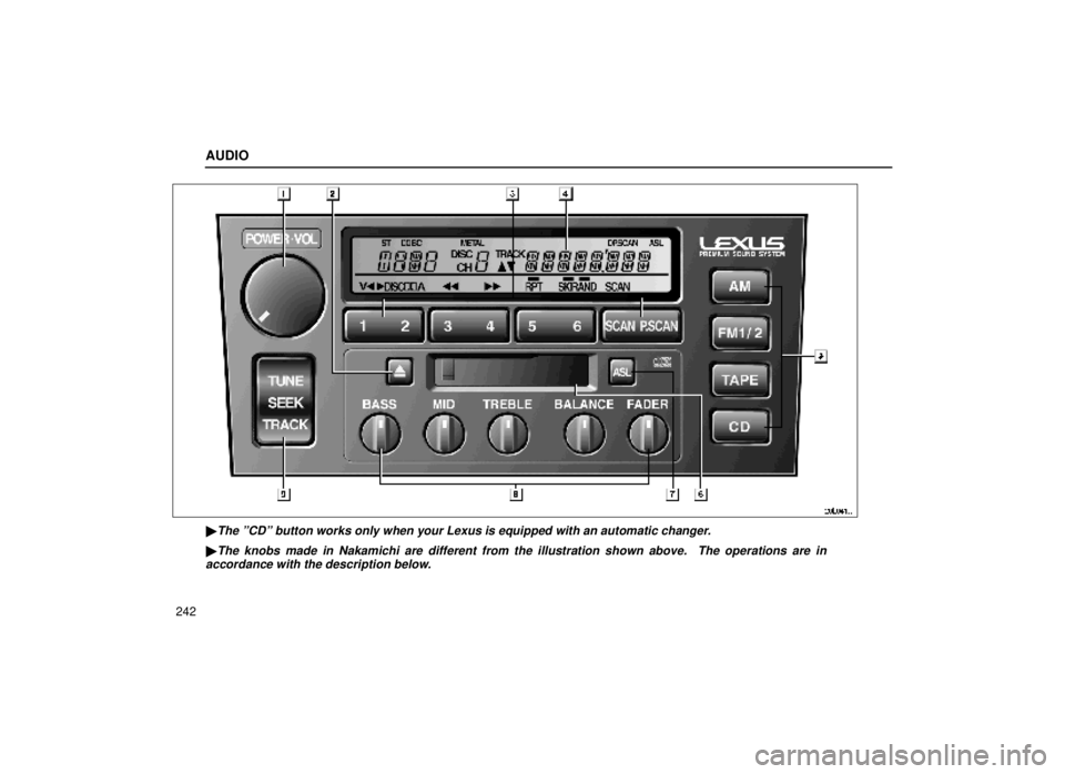 lexus LS400 2000  Engine / LEXUS 2000 LS400 OWNERS MANUAL (OM50533U) AUDIO
242
20L041a
The ºCDº button works only when your Lexus is equipped with an aut\
omatic changer.
The knobs made in Nakamichi are different from the illustration shown above.  The operations a