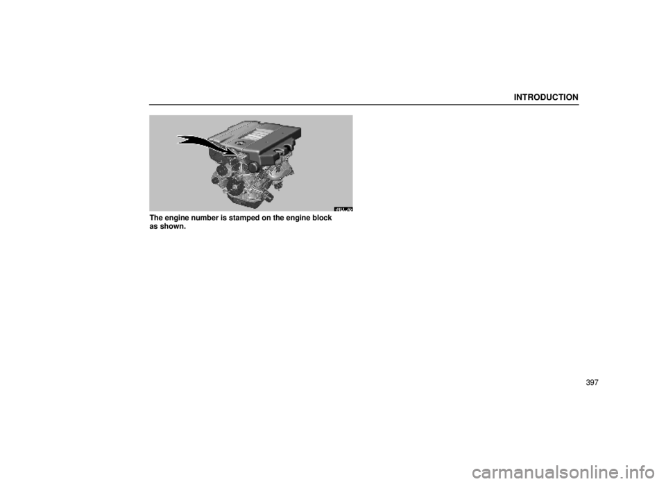 lexus LS400 2000  Engine / LEXUS 2000 LS400 OWNERS MANUAL (OM50533U) INTRODUCTION
397
61L004b
The engine number is stamped on the engine block
as shown. 
