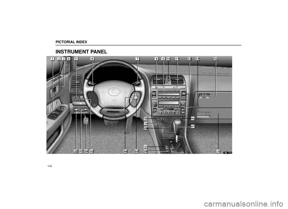 lexus LS400 2000  Engine / LEXUS 2000 LS400 OWNERS MANUAL (OM50533U) PICTORIAL INDEX
viii
INSTRUMENT PANEL
00L001e 