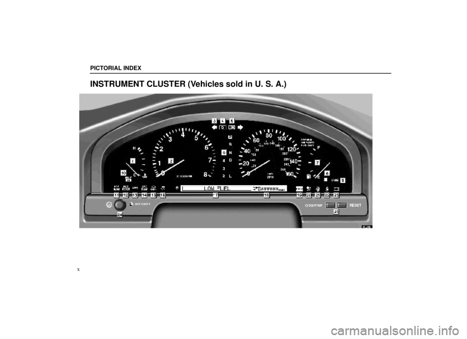 lexus LS400 1999  Comfort Adjustment / LEXUS 1999 LS400  (OM50514U) User Guide PICTORIAL INDEX
x
INSTRUMENT CLUSTER (Vehicles sold in U. S. A.)
00L046±1 