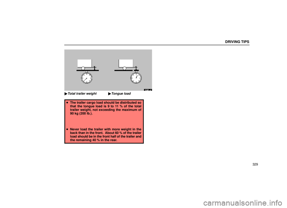 lexus LS400 1999  Comfort Adjustment / LEXUS 1999 LS400 OWNERS MANUAL (OM50514U) Tongue load
Total trailer weight x 100 = 9 to 11%
DRIVING TIPS
329
32L002
Total trailer weightTongue load

The trailer cargo load should be distributed so
that the tongue load is 9 to 11 % of the t