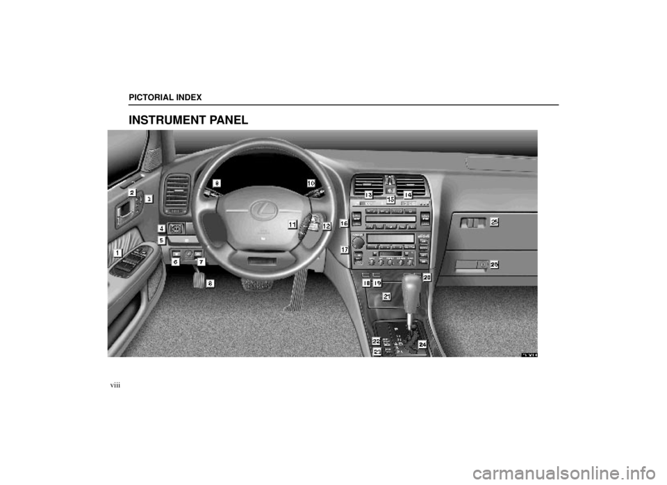 lexus LS400 1999  Comfort Adjustment / LEXUS 1999 LS400 OWNERS MANUAL (OM50514U) PICTORIAL INDEX
viii
INSTRUMENT PANEL
00L001-4 