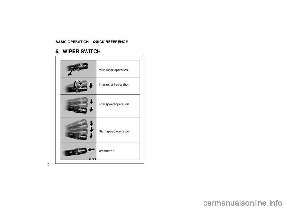 lexus LS400 1999  Electrical Components / LEXUS 1999 LS400  (OM50514U) Owners Guide 00L016
BASIC OPERATION ± QUICK REFERENCE
8
5. WIPER SWITCH
Mist wiper operation
Intermittent operation
Low speed operation
High speed operation
Washer on 