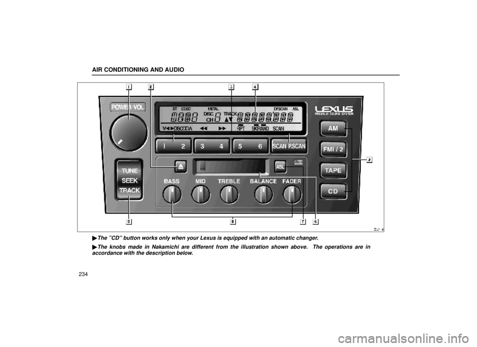 lexus LS400 1999  Electrical Components / LEXUS 1999 LS400 OWNERS MANUAL (OM50514U) AIR CONDITIONING AND AUDIO
234
20L041-2
The ºCDº button works only when your Lexus is equipped with an aut\
omatic changer.
The knobs made in Nakamichi are different from the illustration shown ab