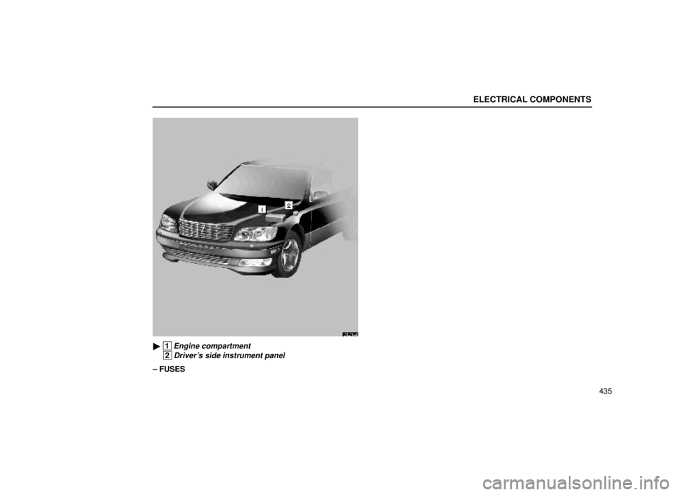 lexus LS400 1999  Electrical Components / LEXUS 1999 LS400  (OM50514U) User Guide ELECTRICAL COMPONENTS
435
64L006±2
 1Engine compartment
 2Drivers side instrument panel
± FUSES 