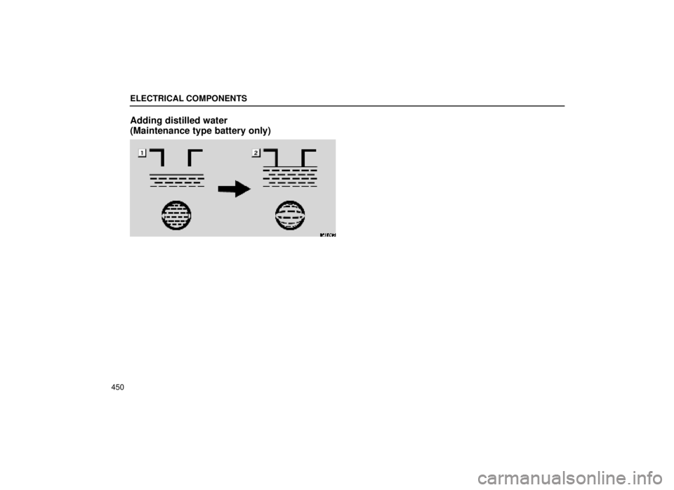 lexus LS400 1999  Electrical Components / LEXUS 1999 LS400 OWNERS MANUAL (OM50514U) ELECTRICAL COMPONENTS
450
Adding distilled water 
(Maintenance type battery only)
64L062 