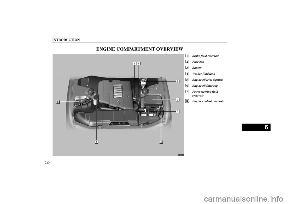 lexus LS400 1998  Audio System / LEXUS 1998 LS400 OWNERS MANUAL (OM50498U) 61L005-5
INTRODUCTION
220
ENGINE COMPARTMENT OVERVIEW
1 Brake fluid reservoir
2 Fuse box
3 Battery
4 Washer fluid tank
5 Engine oil level dipstick
6 Engine oil filler cap
7 Power steering fluid
reserv