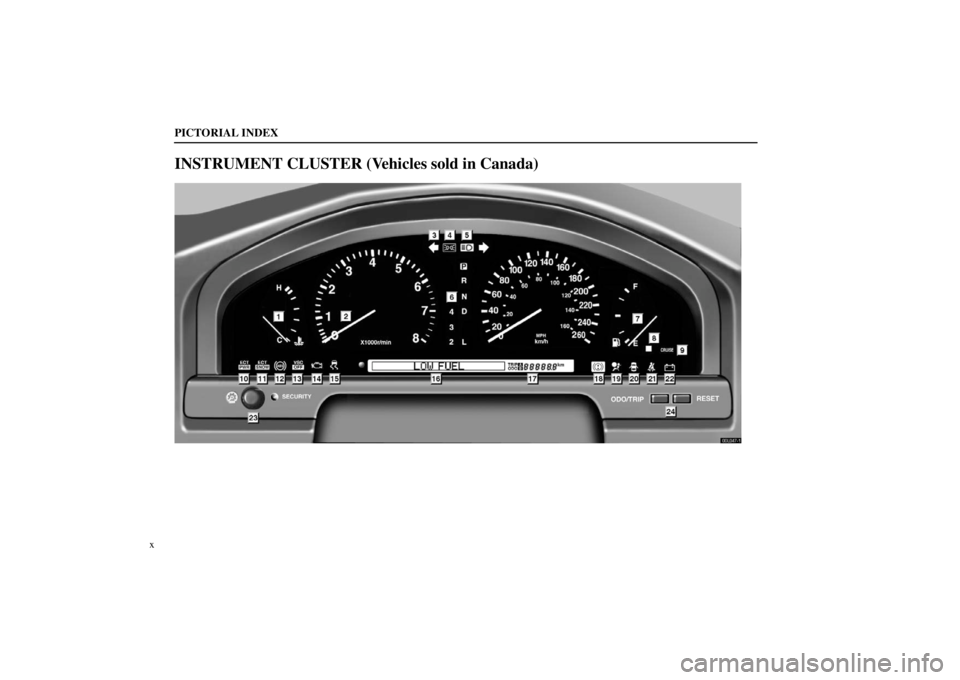 lexus LS400 1998  Electrical Components / LEXUS 1998 LS400  (OM50498U) User Guide PICTORIAL INDEX
x
INSTRUMENT CLUSTER (Vehicles sold in Canada)
00L047�1 