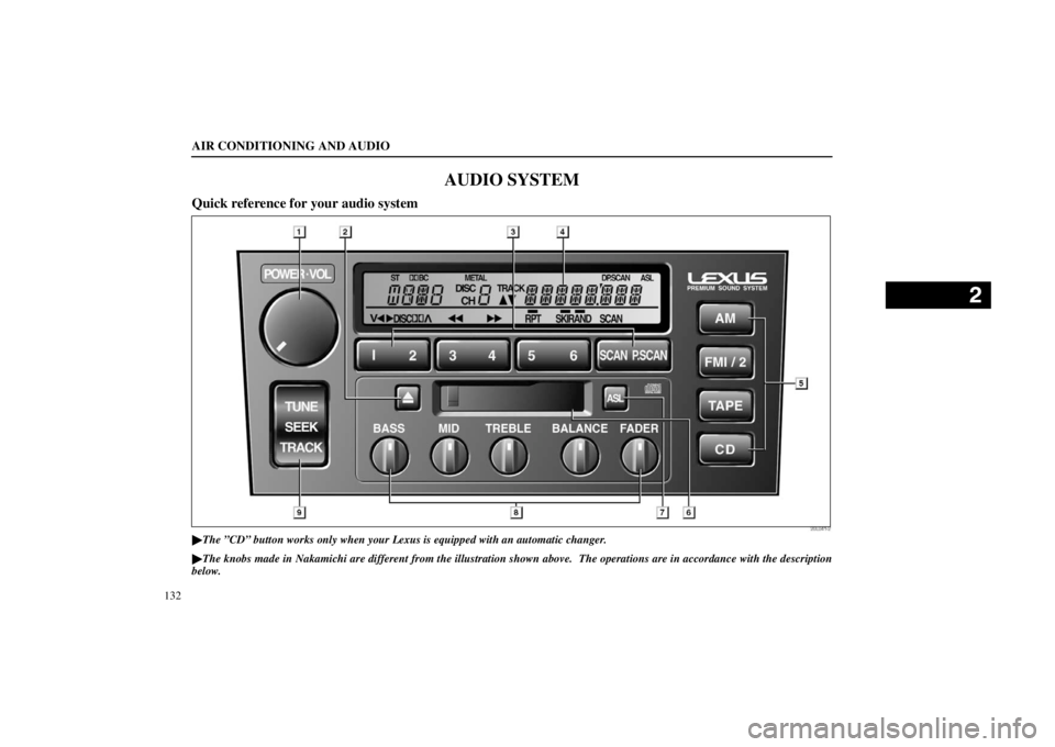 lexus LS400 1998  Electrical Components / LEXUS 1998 LS400 OWNERS MANUAL (OM50498U) AIR CONDITIONING AND AUDIO
132
AUDIO SYSTEM
Quick reference for your audio system
20L041-2

The ”CD” button works only when your Lexus is equipped with an automatic changer.

The knobs made in Nak