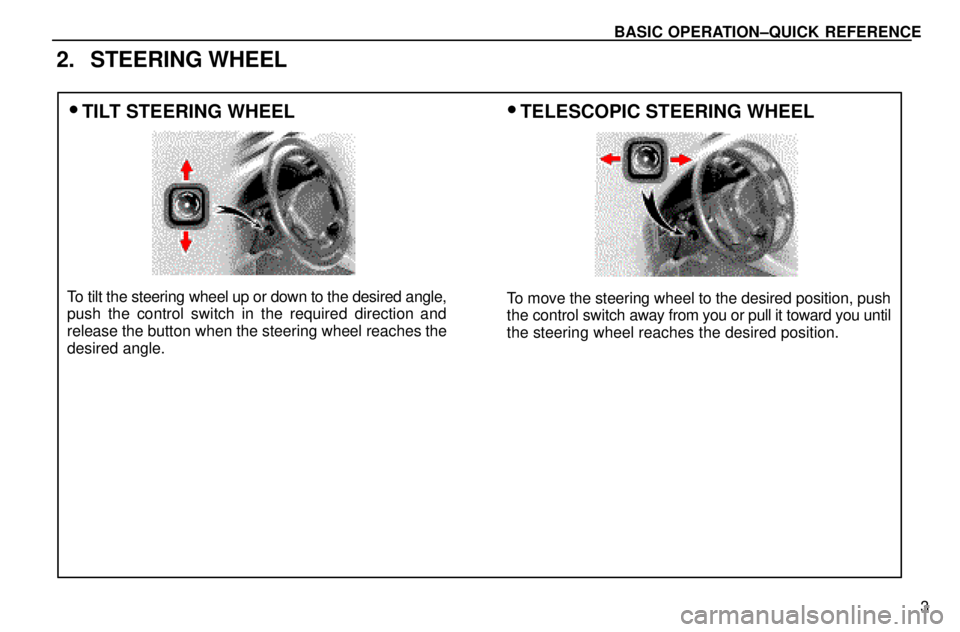 lexus LS400 1996  Audio System / 1996 LS400: BASIC OPERATION BASIC OPERATION±QUICK REFERENCE
3
2. STEERING WHEEL
TILT STEERING WHEELTELESCOPIC STEERING WHEEL
To tilt the steering wheel up or down to the desired angle,
push the control switch in the required 