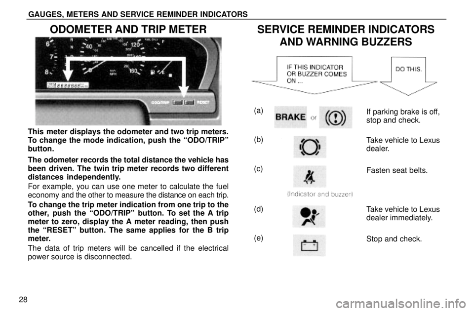 lexus LS400 1996  Audio System / 1996 LS400: GAUGES, METERS AND SERVICE REMINDERS GAUGES, METERS AND SERVICE REMINDER INDICATORS
28
ODOMETER AND TRIP METER
This meter displays the odometer and two trip meters.
To change the mode indication, push the ªODO/TRIPº
button.
The odomete