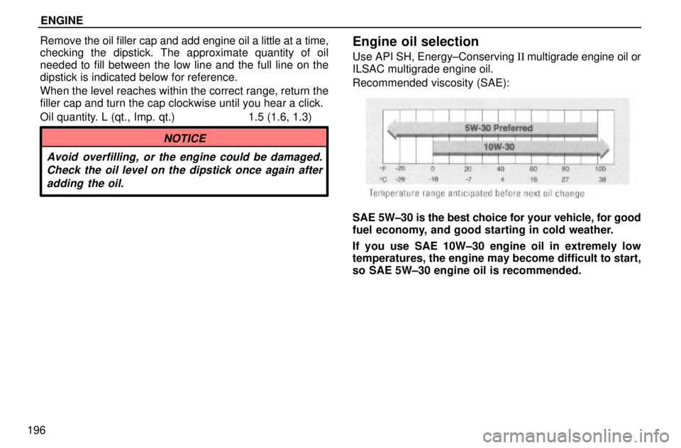 lexus LS400 1996  Audio System / 1996 LS400: ENGINE ENGINE
196Remove the oil filler cap and add engine oil a little at a time,
checking the dipstick. The approximate quantity of oil
needed to fill between the low line and the full line on the
dipstick 
