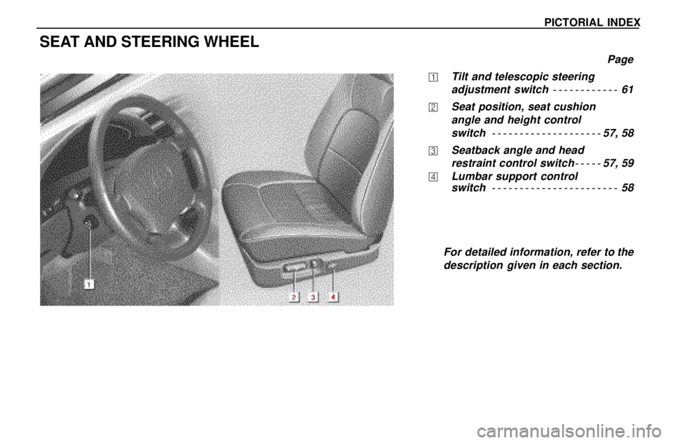 lexus LS400 1996  Engine / 1996 LS400: PICTORIAL INDEX PICTORIAL INDEX
SEAT AND STEERING WHEEL
Page
Tilt and telescopic steering
adjustment switch 61
	Seat position, seat cushion
angle and height control
switch 57, 58
Seatback angle and head
restraint c